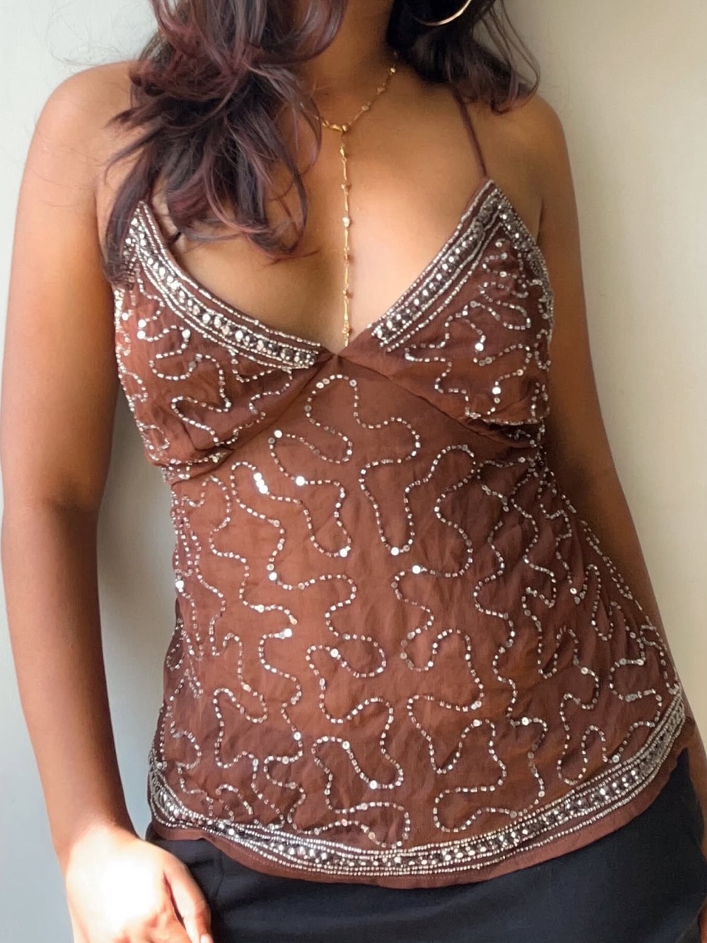 NWT Y2K Brown Beaded Spaghetti-Strap Camisole Top